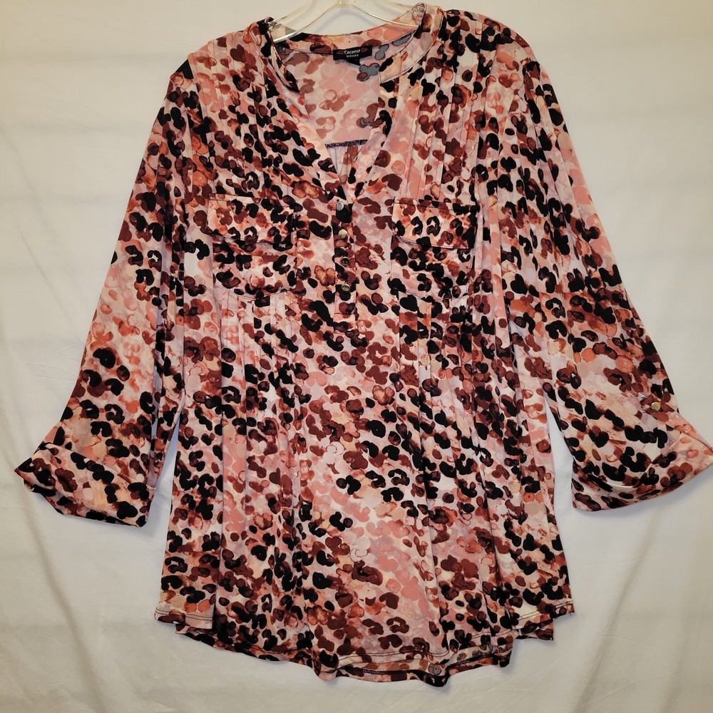 Cocomo Woman Blouse Size 2X Brown Black Cream‎  3/4 sleeve Pintuck Pop Over